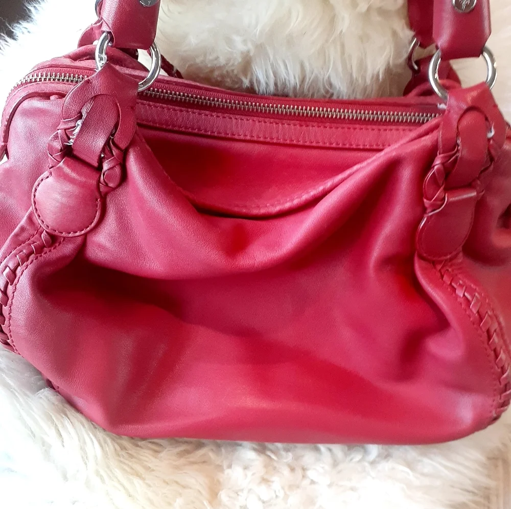 Cole Haan Hobo Apple red Leather purse satchel Tassel Braid trim